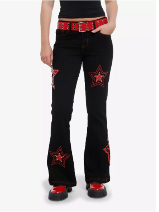 Hot Topic Denim - Social Collision Jeans Size 5 Red Star Studded Black Flare Belted Goth Y2K NWT